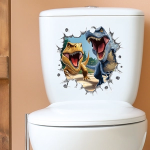3D realistic dinosaur wall decals applied to a white ceramic toilet tank for bathroom decor