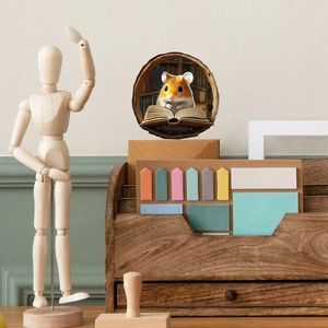 Macro shot of 3D creative hamster reading book wall sticker on home office wall decoration
