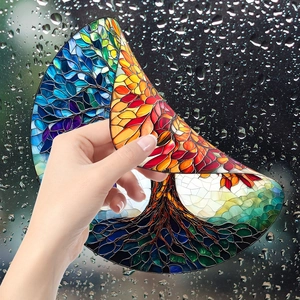 Colorful mosaic Tree of Life static window film applied to wet glass for home decoration