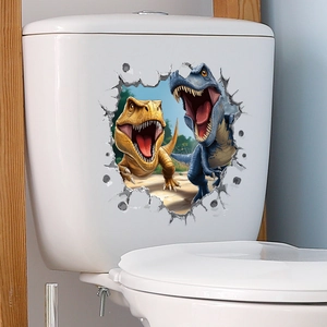 Detailed 3D dinosaur wall sticker with roaring T-Rex applied to a toilet tank side