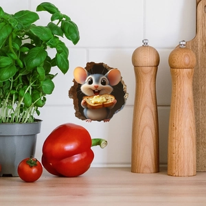 Detailed 3D cartoon mouse wall sticker with butter toast in a cozy kitchen setting