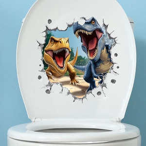 3D realistic broken wall dinosaur toilet lid sticker with vivid skin textures