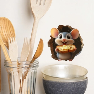 Detail of 3D mouse hole wall sticker with cute cartoon mouse holding a buttered toast
