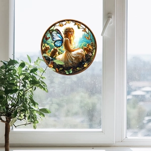 Stained Glass Style Fairy Butterfly Static Window Cling PVC Forest Elf Circular Decorative Window Sticker For Living Room Home Decor