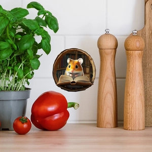 3D cartoon mouse reading in a hole wall sticker on white kitchen tile surface