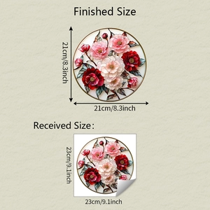 Comparison of 21cm finished and 23cm received size for 3D rose floral window glass decal