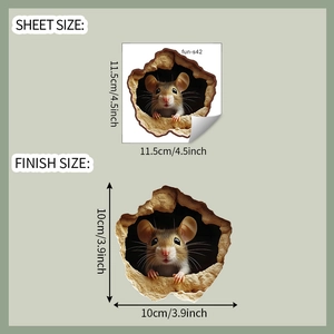 Detail showing the 10x10cm 3D cartoon mouse hole wall sticker application and sheet size