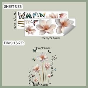 Floral wall stickers with magnolia and butterflies showing sheet size and finish size details