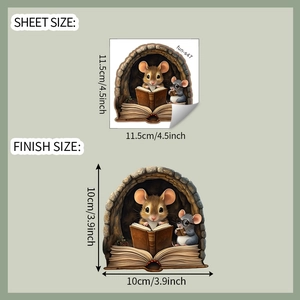 Detail of cartoon mice reading in a hole wall sticker showing sheet and finish sizes