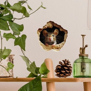 Realistic 3D mouse hole wall sticker on a grey background with decorative plants