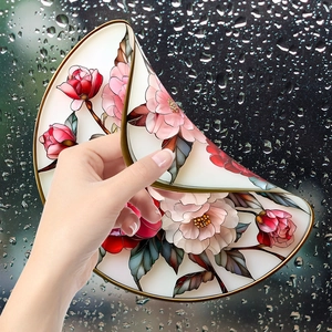 Static cling stained glass window film with pink floral rose design and gold outline