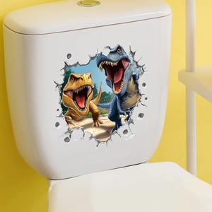 Realistic 3D cracked wall dinosaur stickers on a white toilet tank for bathroom decor