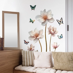 Detailed view of floral wall decals featuring pink magnolia and 3D colorful butterflies