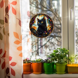 Adesivo elettrostatico per vetri con gatto nero in stile vetrata artistica colorata