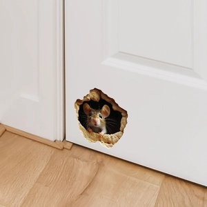 Macro view of 3D lifelike mouse hole wall sticker on white door for home decoration