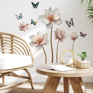 Detail of floral wall decals featuring realistic magnolias and butterflies in a home setting