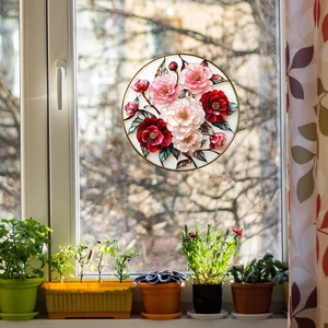 3D realistic floral glass window sticker with red roses and green leaves on window