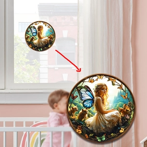 Round stained glass window sticker featuring a fairy and foxes for home decor
