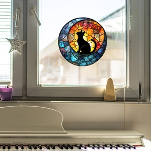Round Stained Glass Style Window Sticker Black Cat On Moon Pattern Static Cling Decal Mosaic UV Printing For Home Decoration
