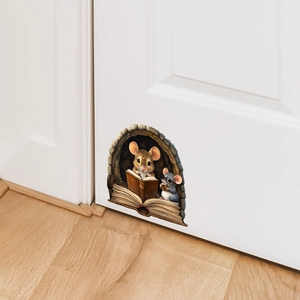 Close-up of 3D mouse hole wall sticker featuring two cartoon mice reading books