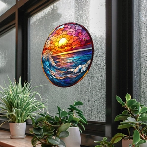 Artistic sunset ocean glass window decal with colorful painted waves and static uv design