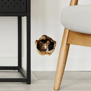 3D realistic mouse hole wall sticker with cute mouse peeking through cracked wall