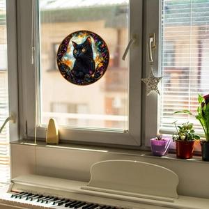 Adesivo statico per finestre con gatto nero in stile vetro colorato per decorazione casa