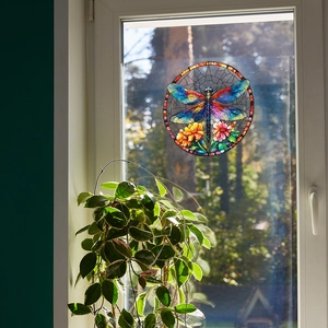 Colorful dragonfly window film with floral stained glass design for home decoration