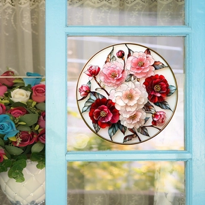 Round Stained Glass Effect Static Cling Window Sticker Painted Rose Floral Glue Free Decorative Glass Decal For Home