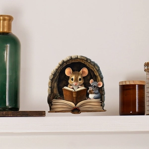 Cartoon mice reading books in a hole creative wall sticker for home decor decoration