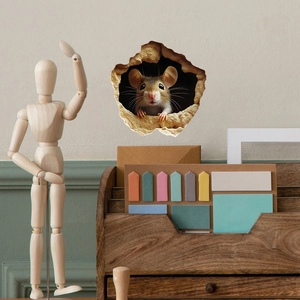 Detailed 3D mouse hole wall sticker showing a realistic brown mouse peeking from the wall