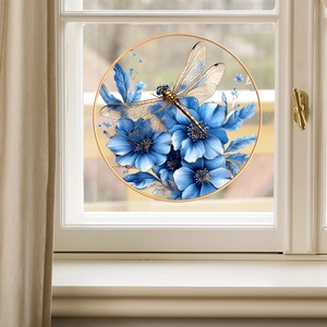 Blue floral and dragonfly static window film with gold accents for glass decoration