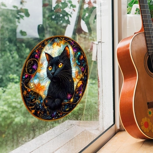 Adesivo statico per finestre con gatto nero decorativo in stile vetro colorato e acero