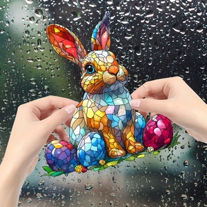 Easter stained glass window decal featuring colorful rabbits and decorative eggs