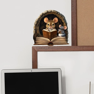 3D cartoon mice reading in cave wall sticker for home DIY creative wall decoration