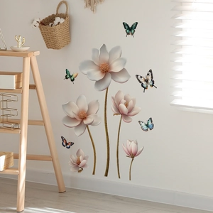 Detail of 3D magnolia wall stickers with colorful butterflies for home decoration