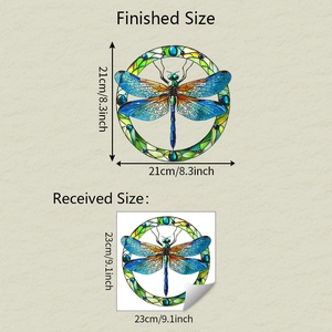 Detailed comparison of stained glass dragonfly window film with dimensions 21cm and 23cm