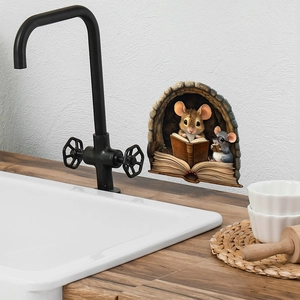 3D wall sticker detail of cute mice reading in stone cave library kitchen decor