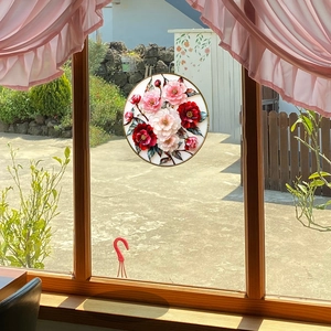 3D embossed stained glass window sticker with vibrant peony flowers and green leaves