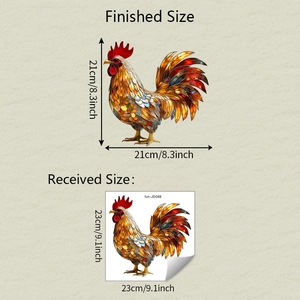 Detail view of colorful rooster window sticker showing finished size and received sheet size