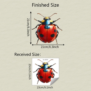 Detail showing the received 23x23cm and finished 21x21cm sizes for the ladybug window cling