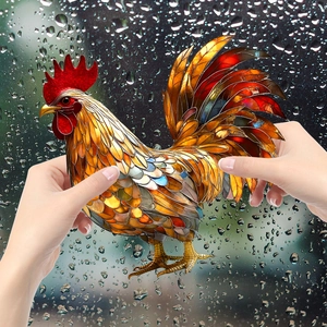 Colorful rooster stained glass window decal with vibrant plumage for home decoration