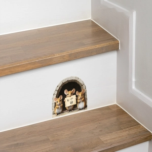 Detailed 3D effect mouse hole wall sticker with No Cats sign on wooden stairs