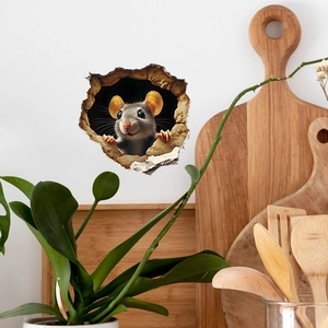 3D realistic mouse hole wall sticker with a grey mouse peeking out on a kitchen wall