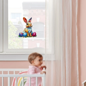 Stained glass style Easter bunny and colorful eggs static cling window decal for nursery