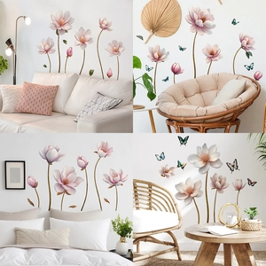 Magnolia Flower Butterfly Wall Stickers PVC Self Adhesive Floral Decals For Bedroom Living Room Background Decoration