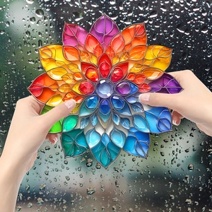 Rainbow lotus mandala stained glass window film decal with vibrant colorful gradient