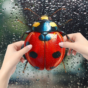 Artistic giant red ladybug window sticker with metallic blue details and rain drop background