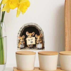 3D cartoon mouse hole wall sticker featuring three mice holding a NO CATS warning sign