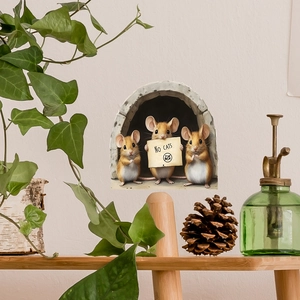 Detailed 3D wall sticker featuring mice holding a NO CATS sign on an off-white wall